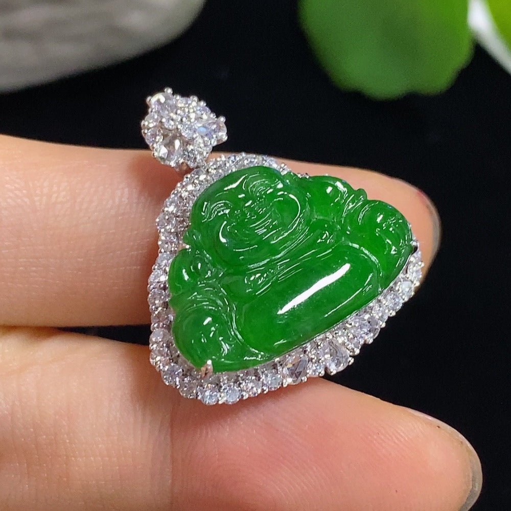 Jadeite Buddha Pendant with 18k Gold and Diamond Accents