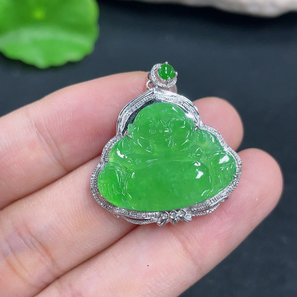 Jadeite Buddha Pendant with 18K Gold and Diamond Accents