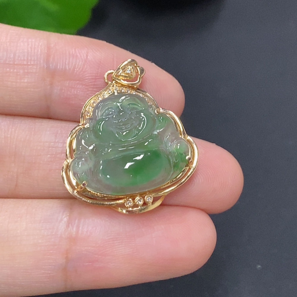 Jadeite Buddha Pendant with 18K Gold Setting, Total Weight Approx. 2.7g (with Diamond Accents)