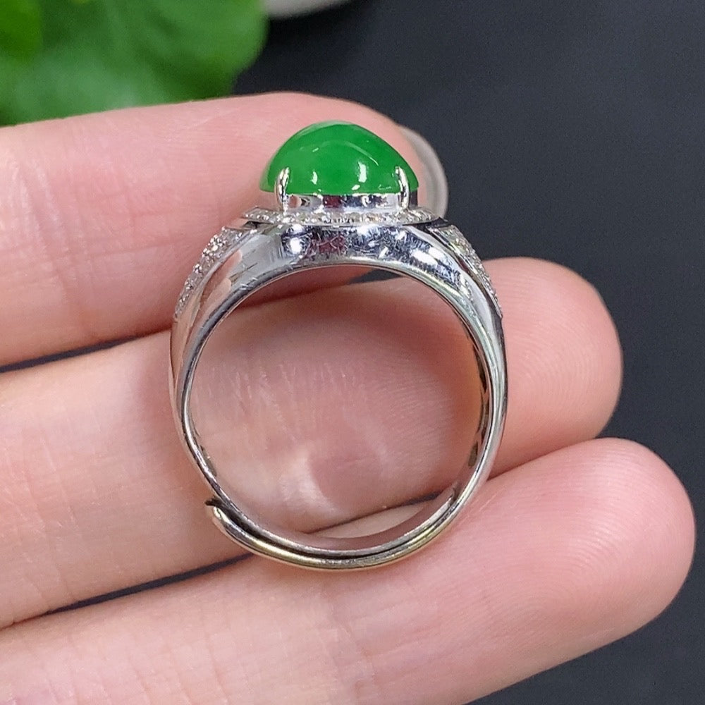 Jadeite Cabochon Ring 18k Gold Total Weight Approx. 6.7g Adjustable Size with Diamond Accents