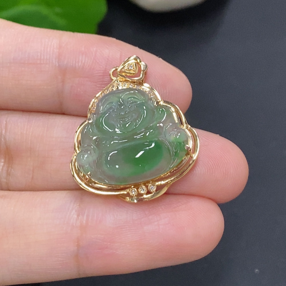 Jadeite Buddha Pendant with 18K Gold Setting, Total Weight Approx. 2.7g (with Diamond Accents)