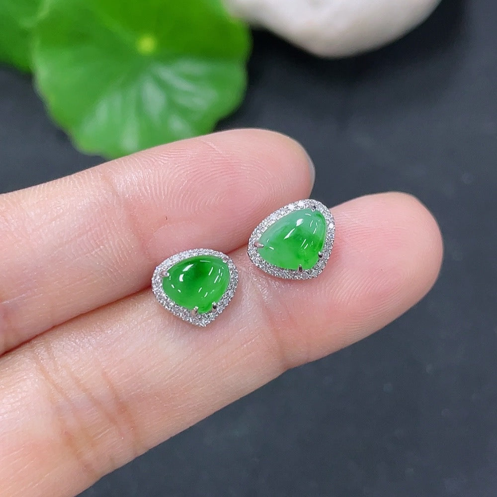 Jadeite Earrings with 18k Gold and Diamond Accents, Total Weight Approximately 1.45g