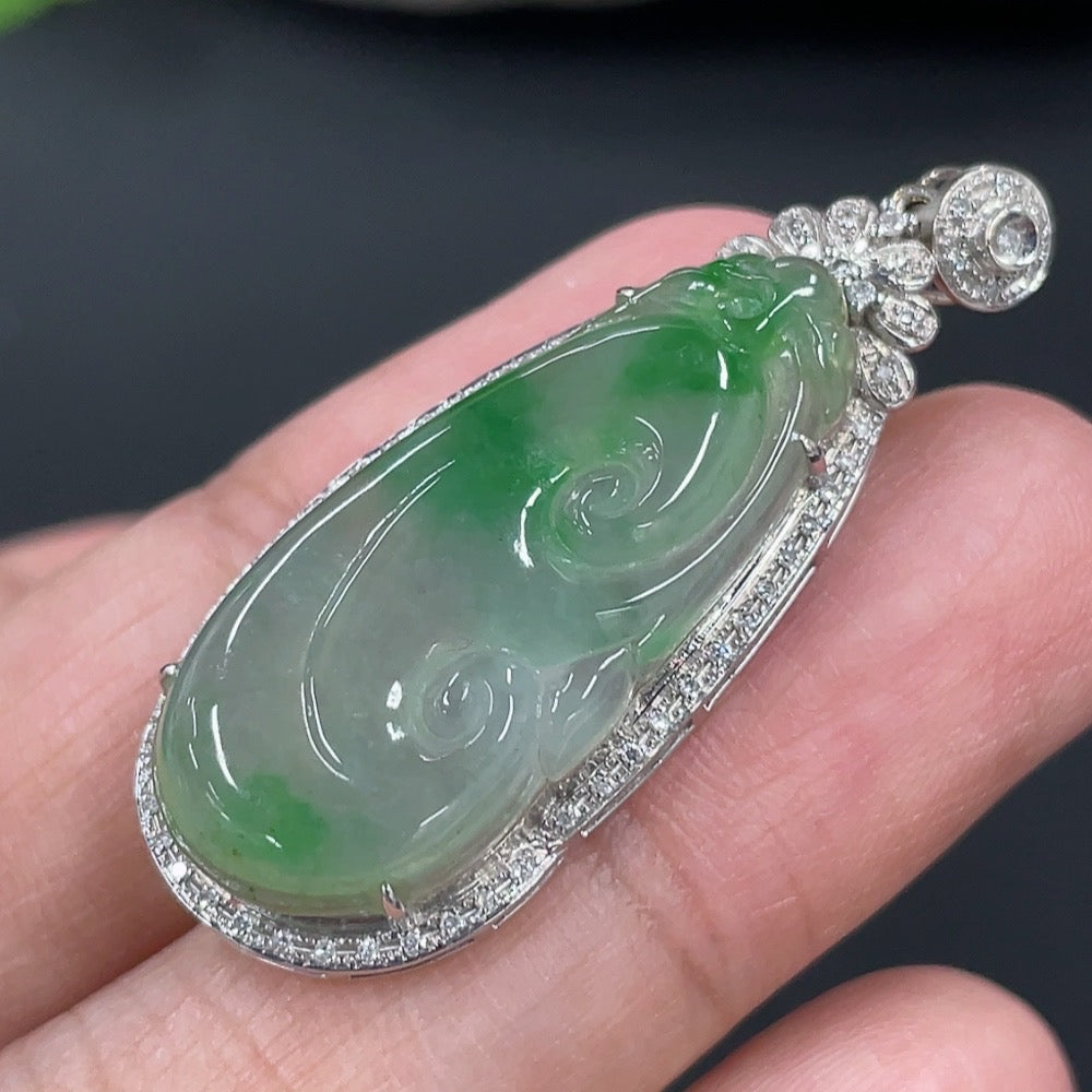Jadeite Ruyi Inlaid Pendant 18K Gold (With Diamond Accents)