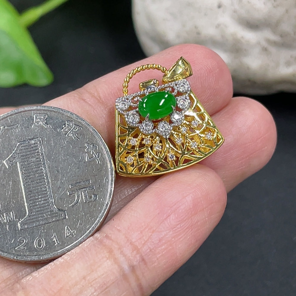 Jadeite Cabochon Pendant, 18K Gold Setting with Diamond Accents
