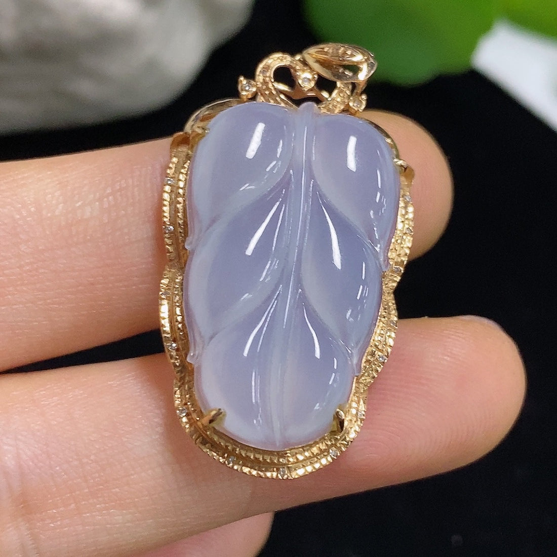 Jadeite Leaf Inlaid Pendant with 18k Gold and Diamond Accents