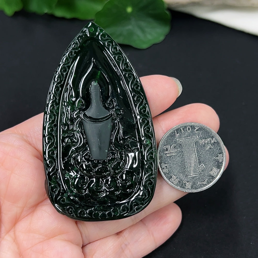 Jadeite Guanyin pendant necklace from HKHQ, featuring a detailed carved figure, weighing approximately 54.3g.