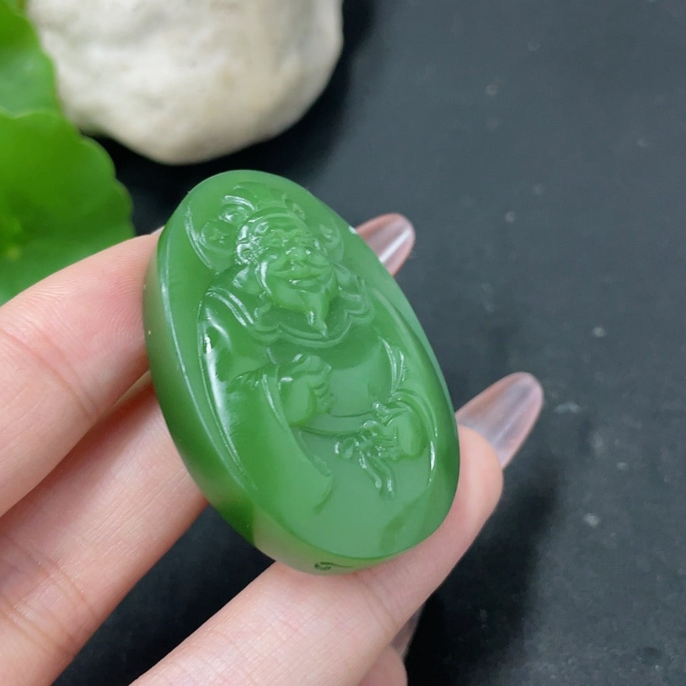 Hetian Jade Jasper Pendant featuring the God of Wealth, weighing about 28g, crafted by HKHQ with intricate jade details.