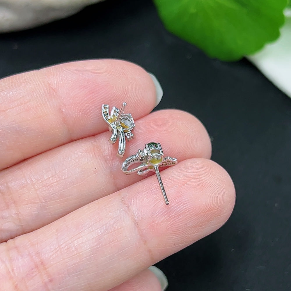Jadeite inlaid earrings pair 18K gold total weight approx. 0.9g (with diamond accents)