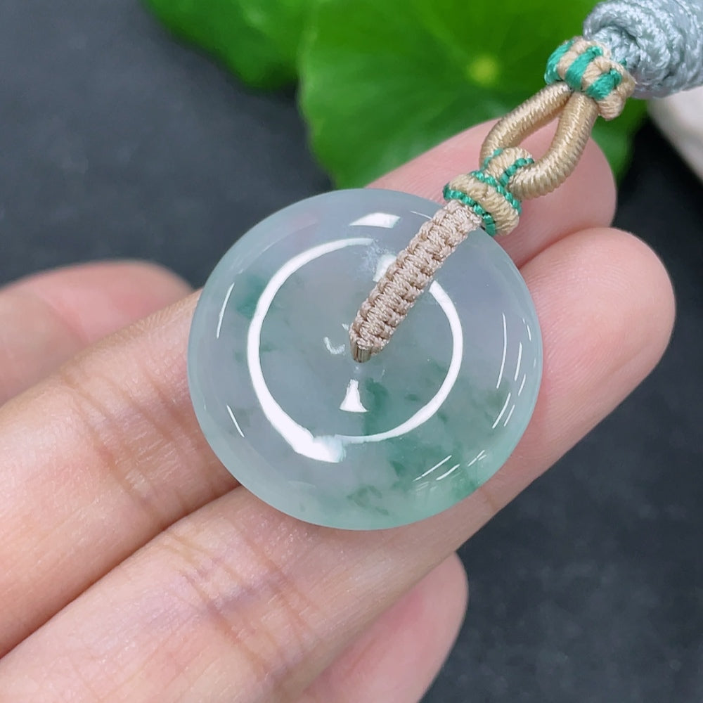 Jadeite safety buckle pendant from HKHQ, featuring a smooth green jade pendant weighing approximately 8.49g.