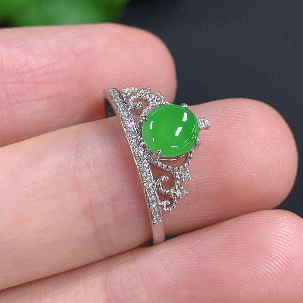 HKHQ jadeite cabochon ring with diamond accents, 18k gold, size 15, featuring a smooth green jade gemstone and delicate detailing