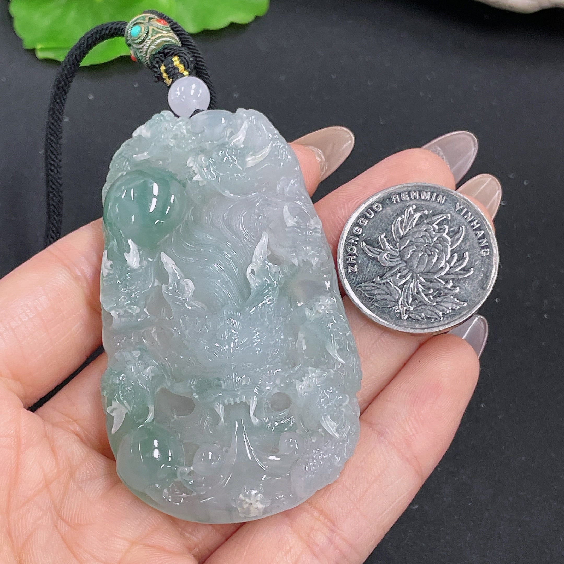 Jadeite Pendant Dragon Plaque with Non-Grade A Beads Including Cord Total Weight Approx. 56.24g