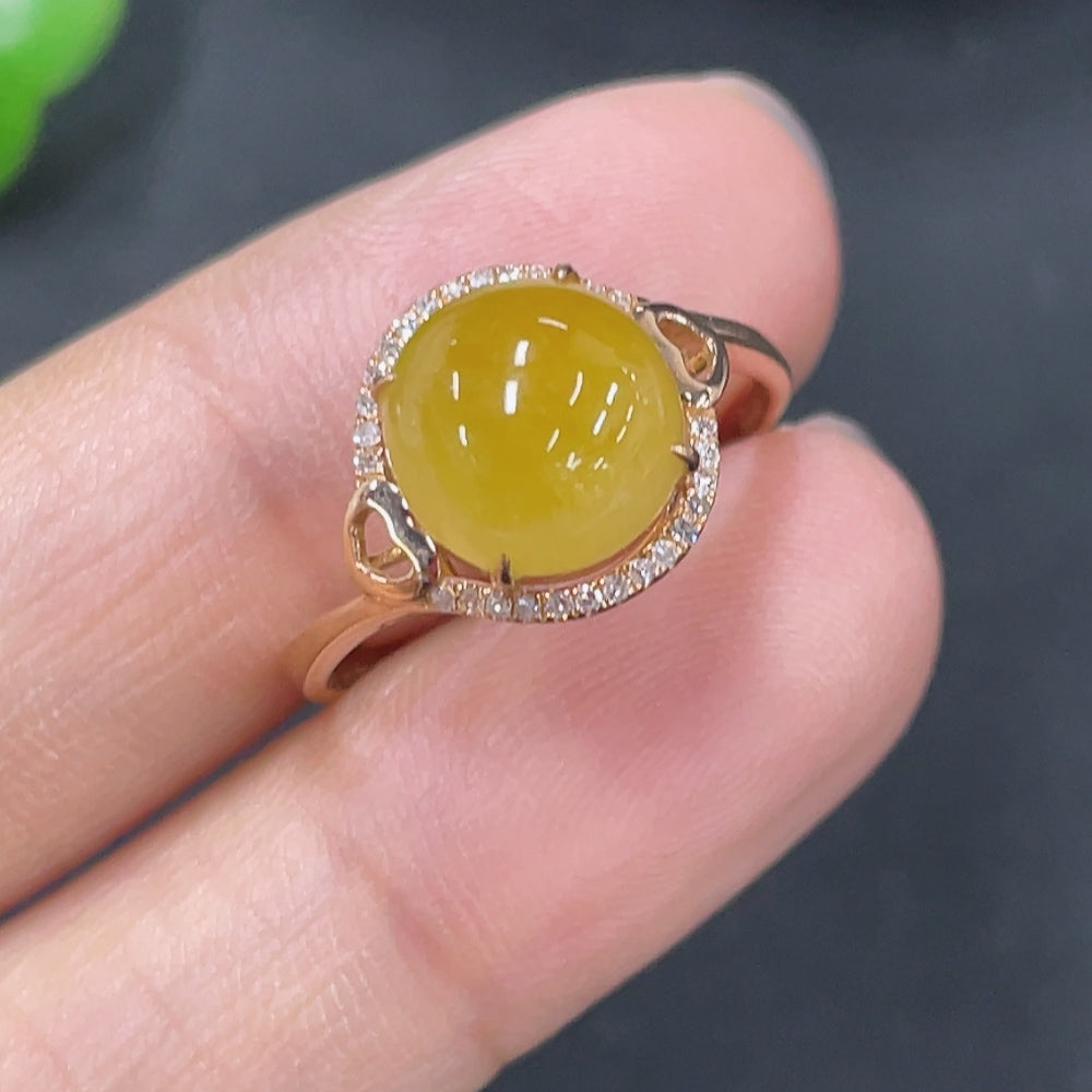Jadeite Cabochon Inlaid Ring 18k Gold Setting Size 12.5 Total Weight Approx. 2g with Diamond Accents
