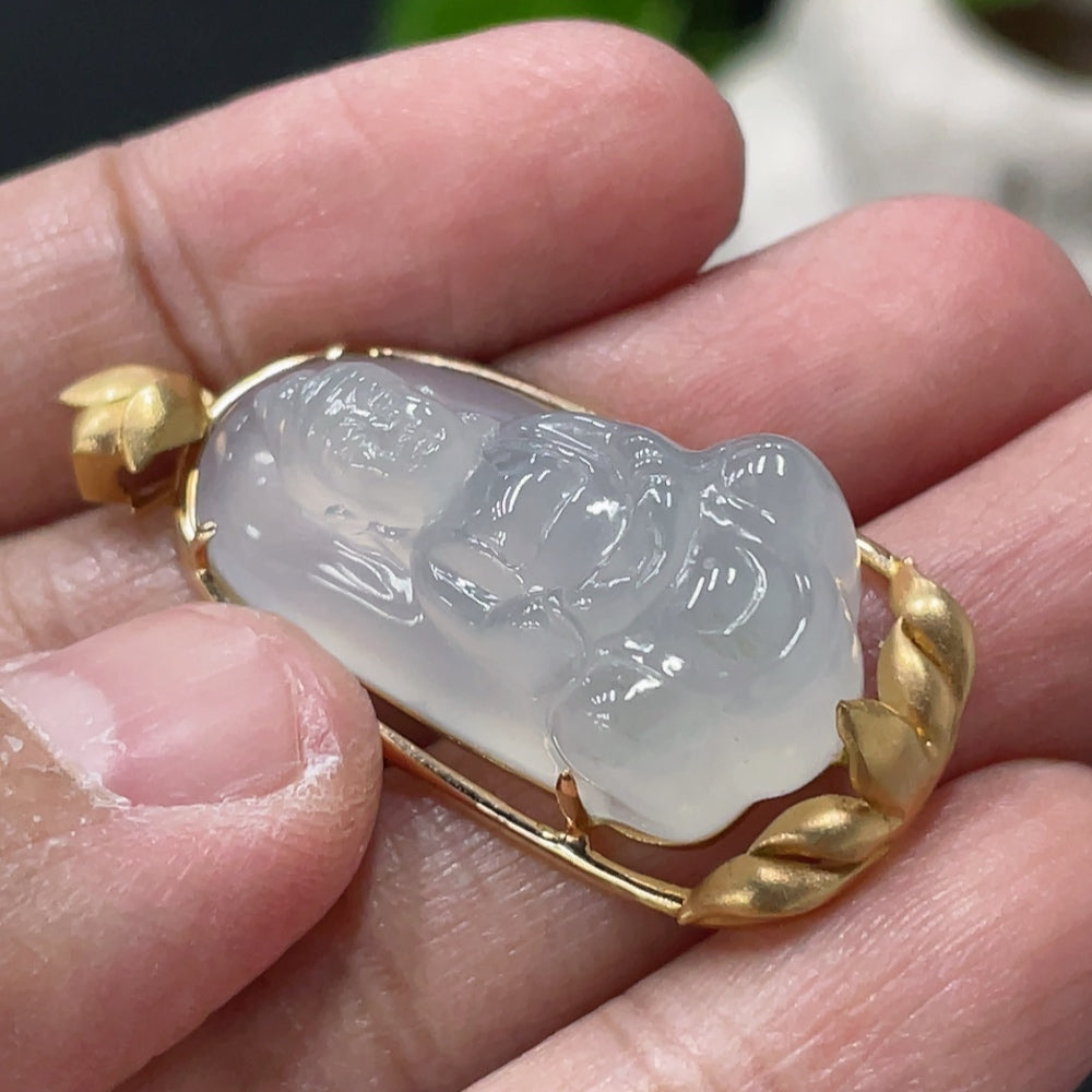Jadeite Guanyin Inlaid Pendant, 18K Gold Inlaid, Total Weight Approx. 8.96g