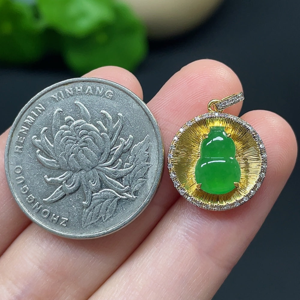 Jadeite Gourd Inlaid Pendant 18k with Diamond Accents