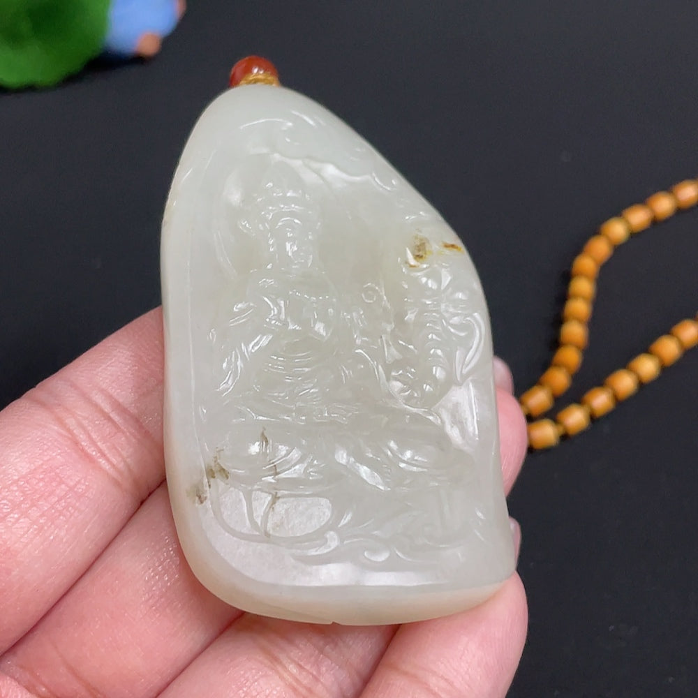 Hetian Jade Pendant Guanyin Undetermined Skin Color Formation Total Weight Approx. [with chain] 72.4g