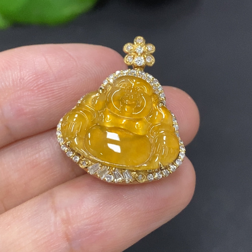 Jadeite Buddha inlay pendant 18K gold (with diamond inlays) (Color origin undetermined) (Base precious metal affects product color)