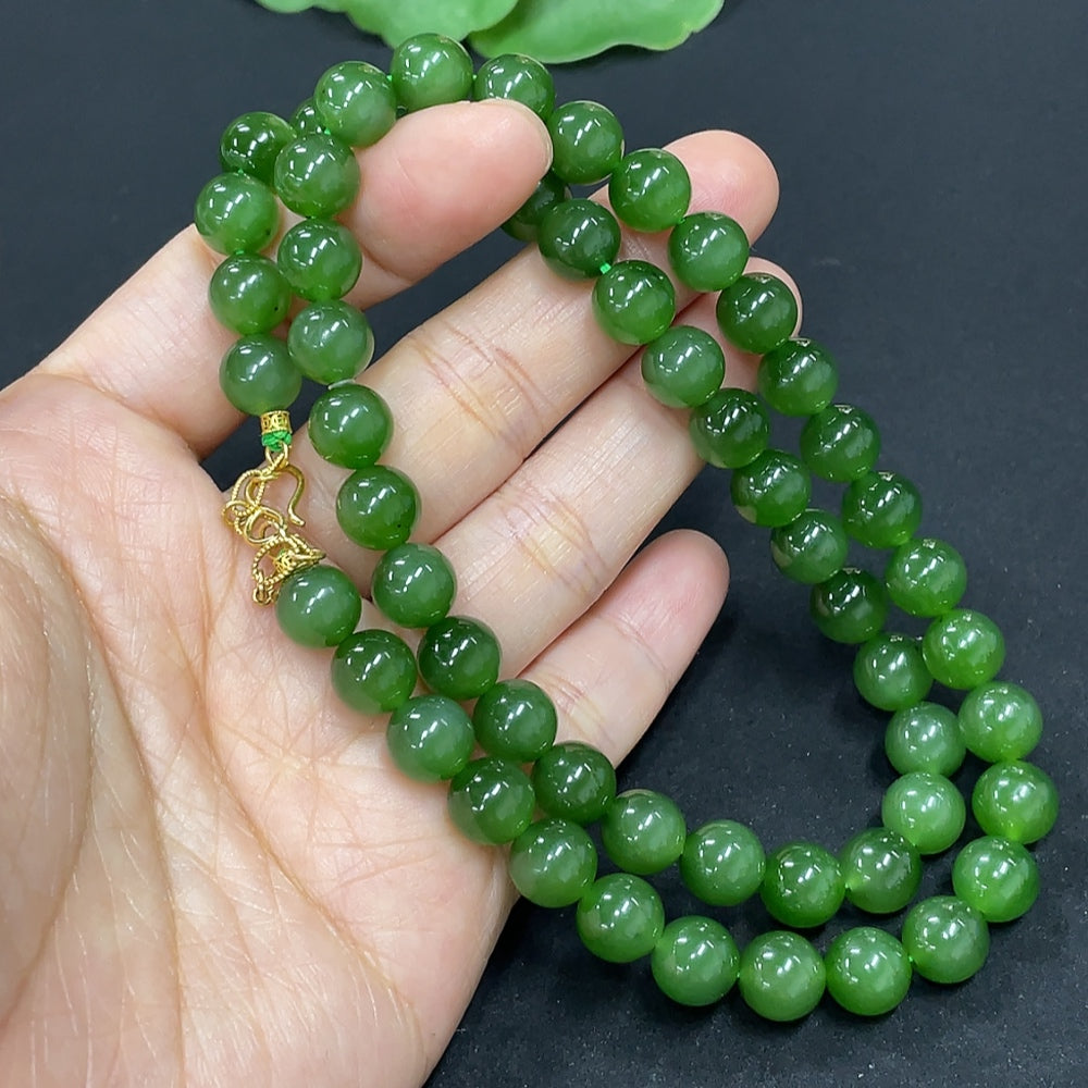 Hetian Jade Beaded Necklace, approx. 7.8mm, 18K Gold, total weight approx. 45.7g