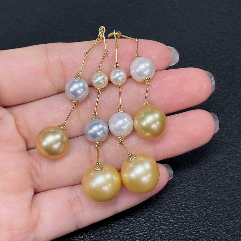 HKHQ seawater pearl jewelry with 18K gold inlay, 5.5-12.5mm pearls, weighing 14.91g, natural color, no brand mark visible