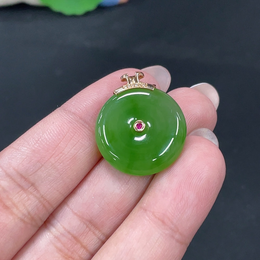 Hetian Jade Inlaid Pendant Peace Buckle Total Weight Approx.5.6g 18k Set with Colorless Diamonds