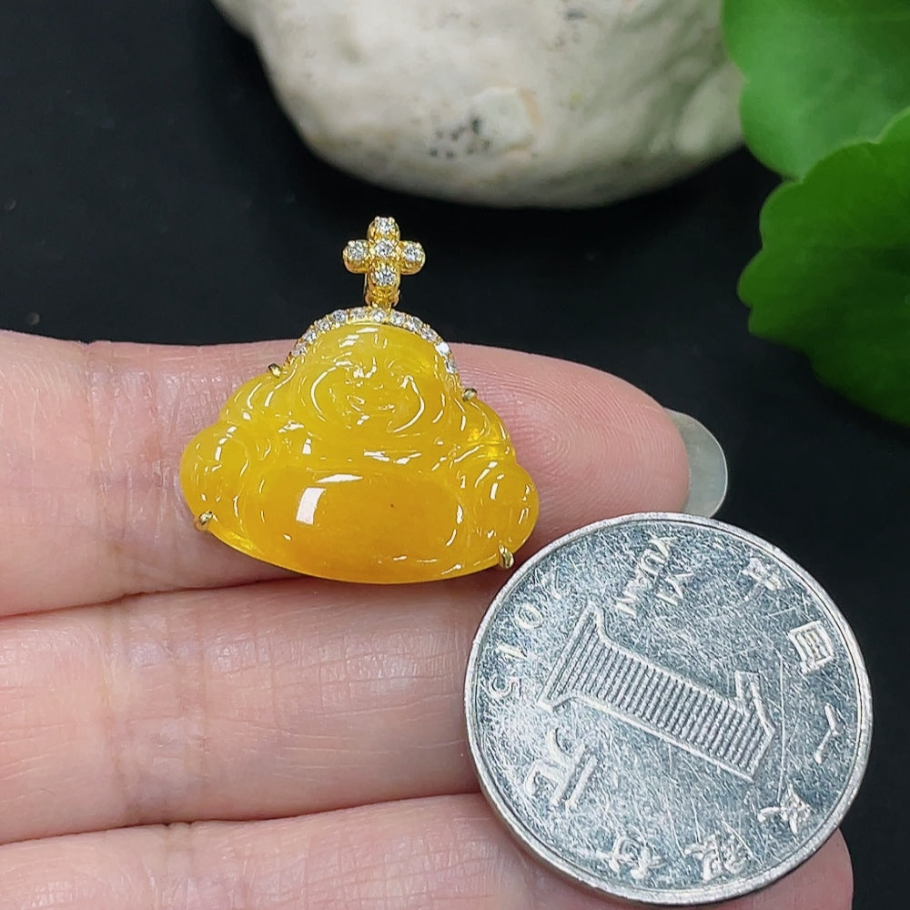 Jadeite Buddha Pendant Set in 18K Gold, Total Weight Approx. 3.3g (with Diamond Accents)