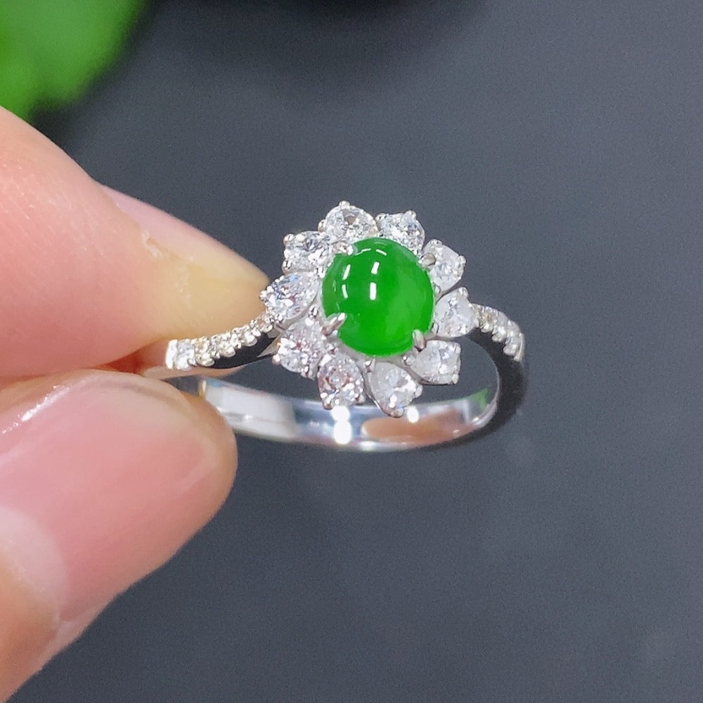 Jadeite cabochon ring with diamond accents in 18K gold, size 11, from HKHQ, showcasing a smooth green jade stone and gold band