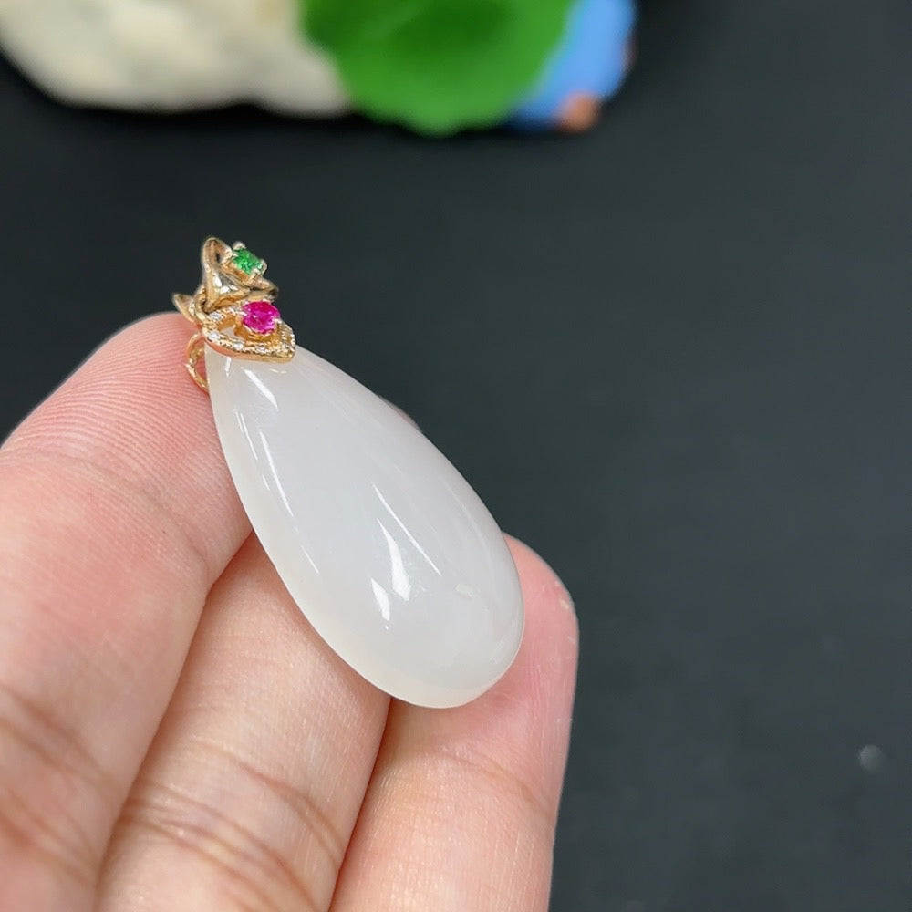 Hetian Jade Inlaid Pendant, Water Drop, 18K, Diamond Accents