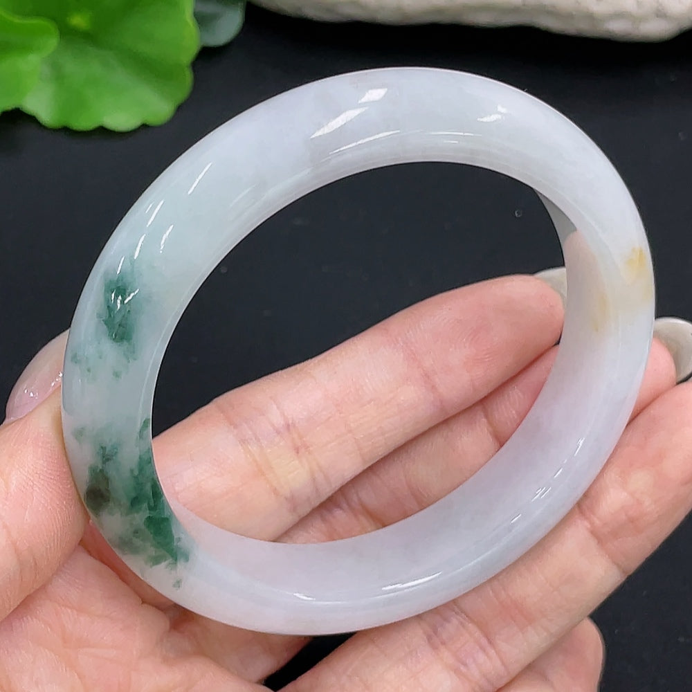 HKHQ jadeite round bangle, size 55.1, weighs approx. 55.3g, showcasing smooth, polished jade surface and elegant design.