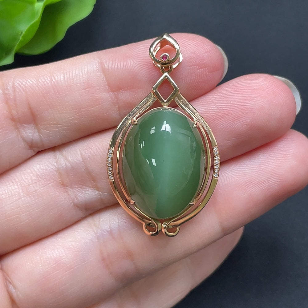 Hetian Jade inlaid cabochon pendant, 18K gold with diamond accents