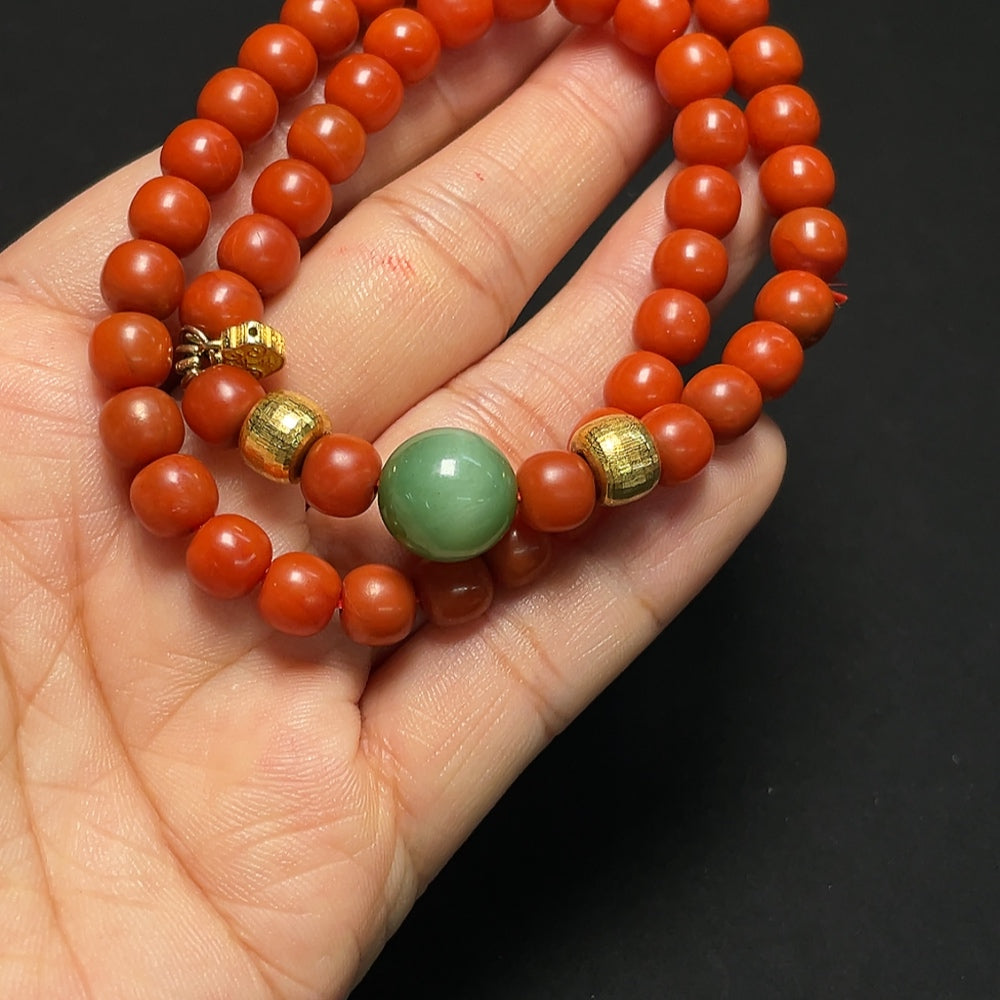 Southern Red Agate and Hetian Jade Bead Strand with 18K Gold