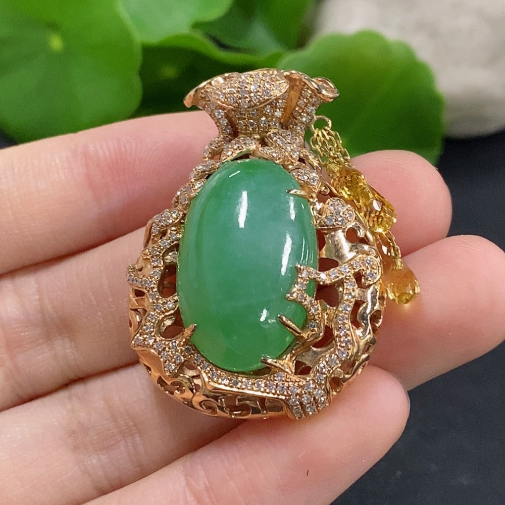 Jadeite pendant with diamond accents in 18K gold setting, elegant jewelry necklace by HKHQ.