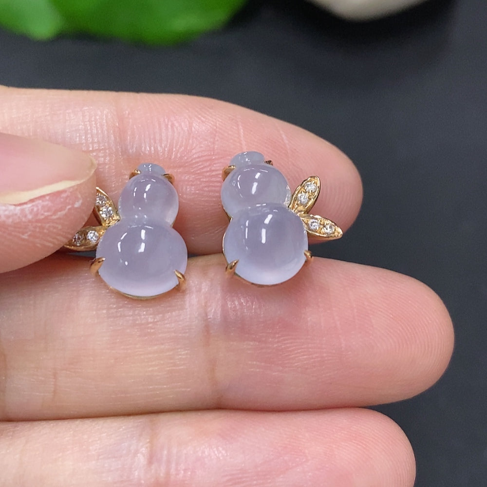 Jadeite Gourd Inlaid Earrings 18K Gold Total Weight Approximately 3.1g Without Ear Backs (Accented with Diamonds)