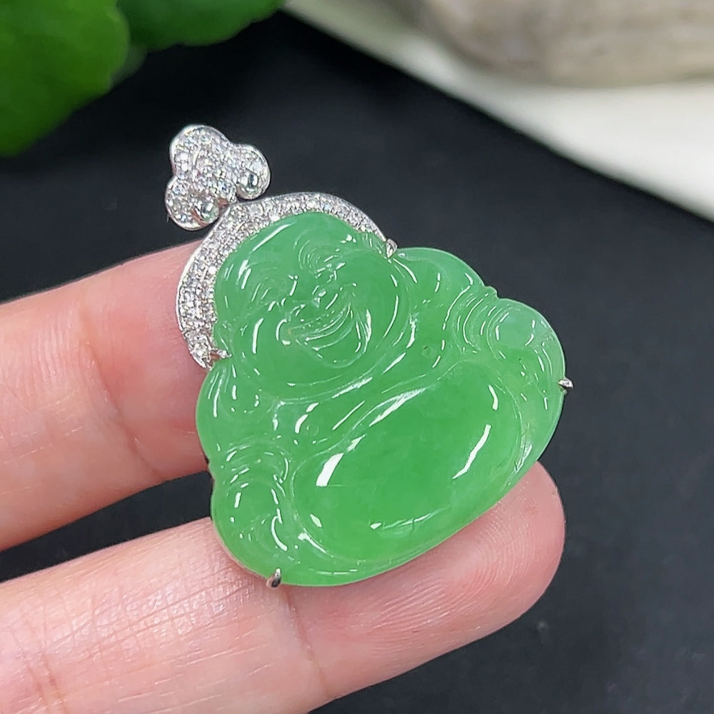 Jadeite Buddha Pendant Set in 18K Gold (with Diamond Accents)