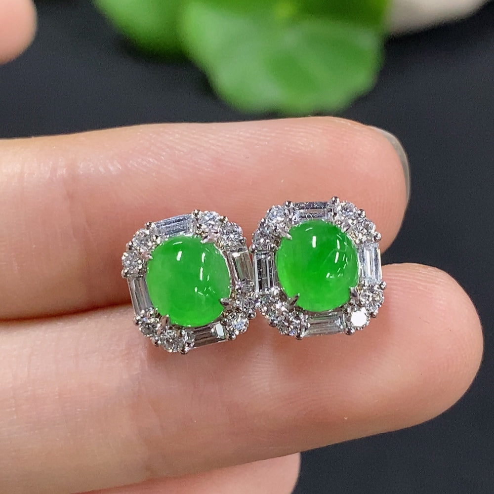 Pair of HKHQ jadeite earrings with 18K gold ear stoppers, lightweight jade jewelry, about 1.9g total weight, natural green jade appearance