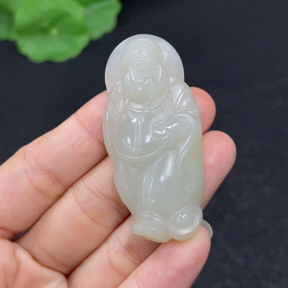 Hetian jade pendant featuring the God of Wealth, weighing approximately 18.7g, crafted by HKHQ in smooth, polished jade.