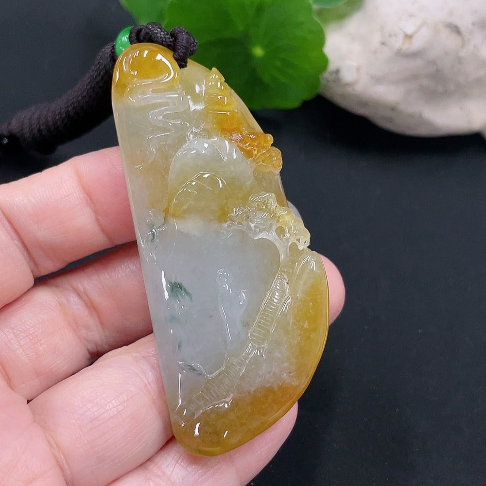 Jadeite landscape plaque pendant, total weight approx. 34.4g (including cord weight) (color origin undetermined)