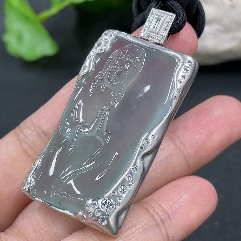 Jadeite Guanyin Pendant with 18K Gold and Diamond Setting, Total Weight Including Rope Approximately 21g, Overall Card Dimensions