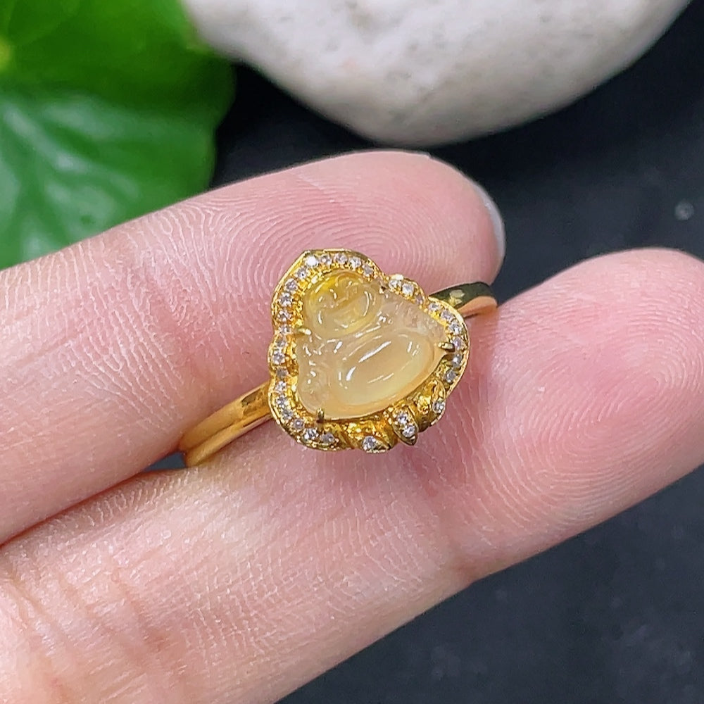 Jadeite Buddha Ring with 18k Gold Setting, Color Origin Undetermined, Diamond Accents, Base Metal Affects Color