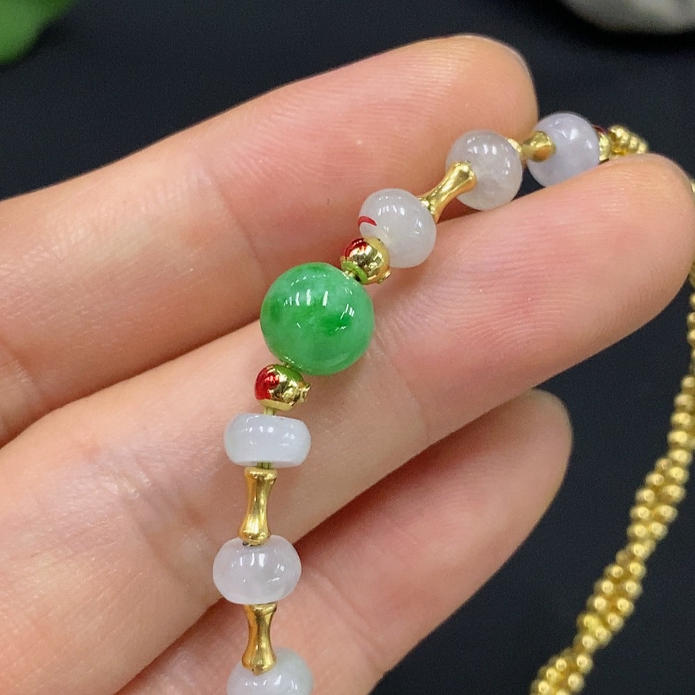 Jadeite Inlaid Bracelet Approximately 7.5/5.6mm Non-Gold Marked in Red Remaining 18k String Undetectable