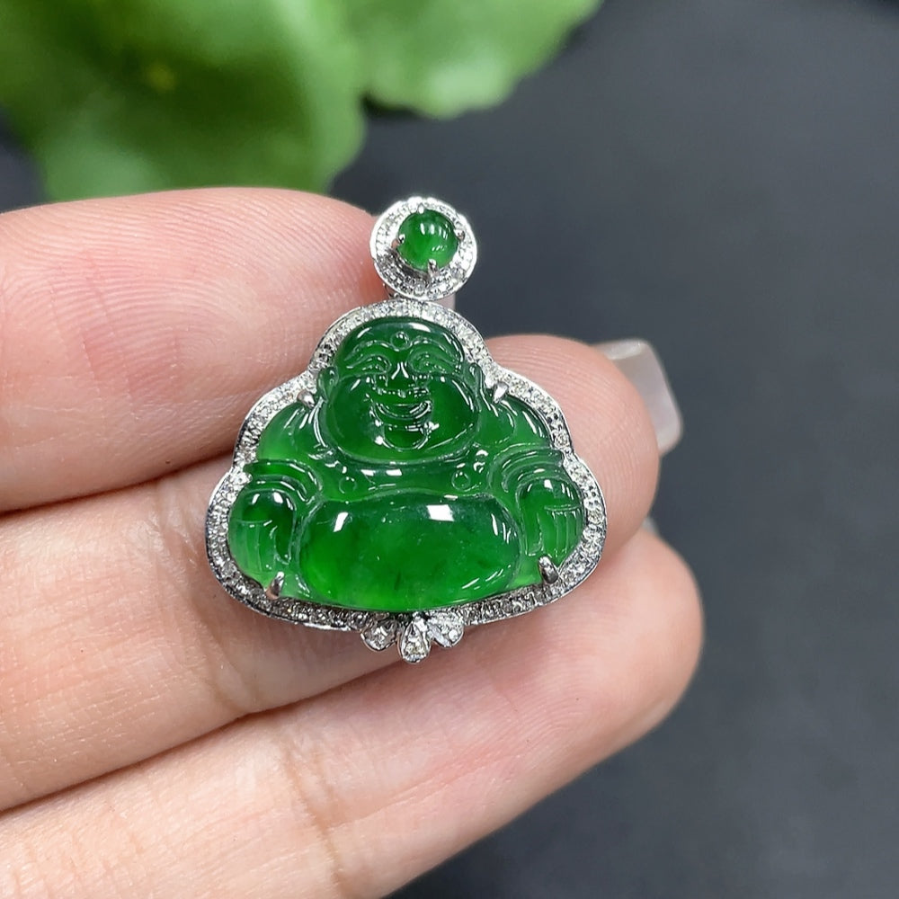 Jadeite Inlaid Buddha Pendant 18k Total Weight Approx. 2.75g