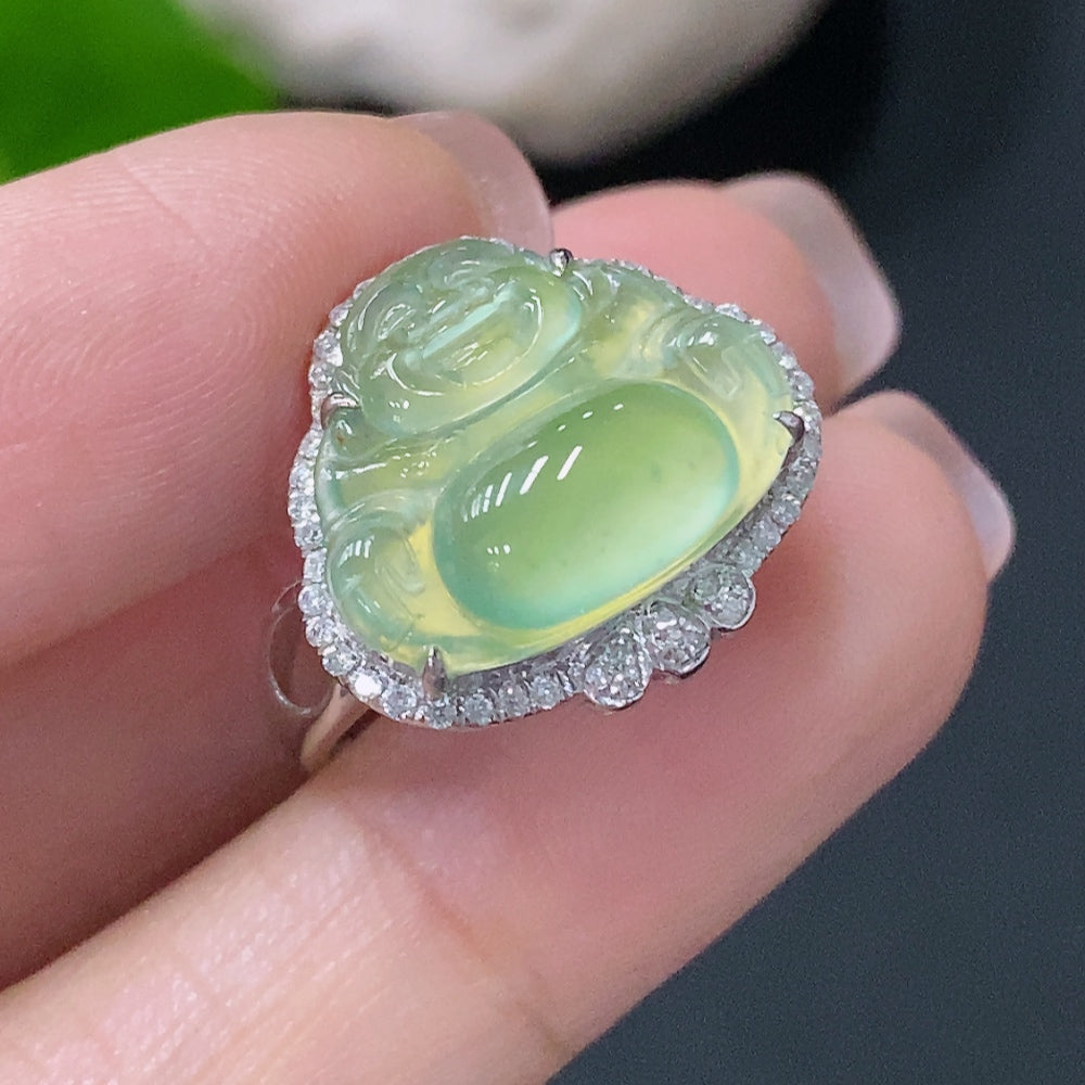 Jadeite Inlaid Ring 18k with Diamond Accent Size 14 Total Weight Approximately 3.52g