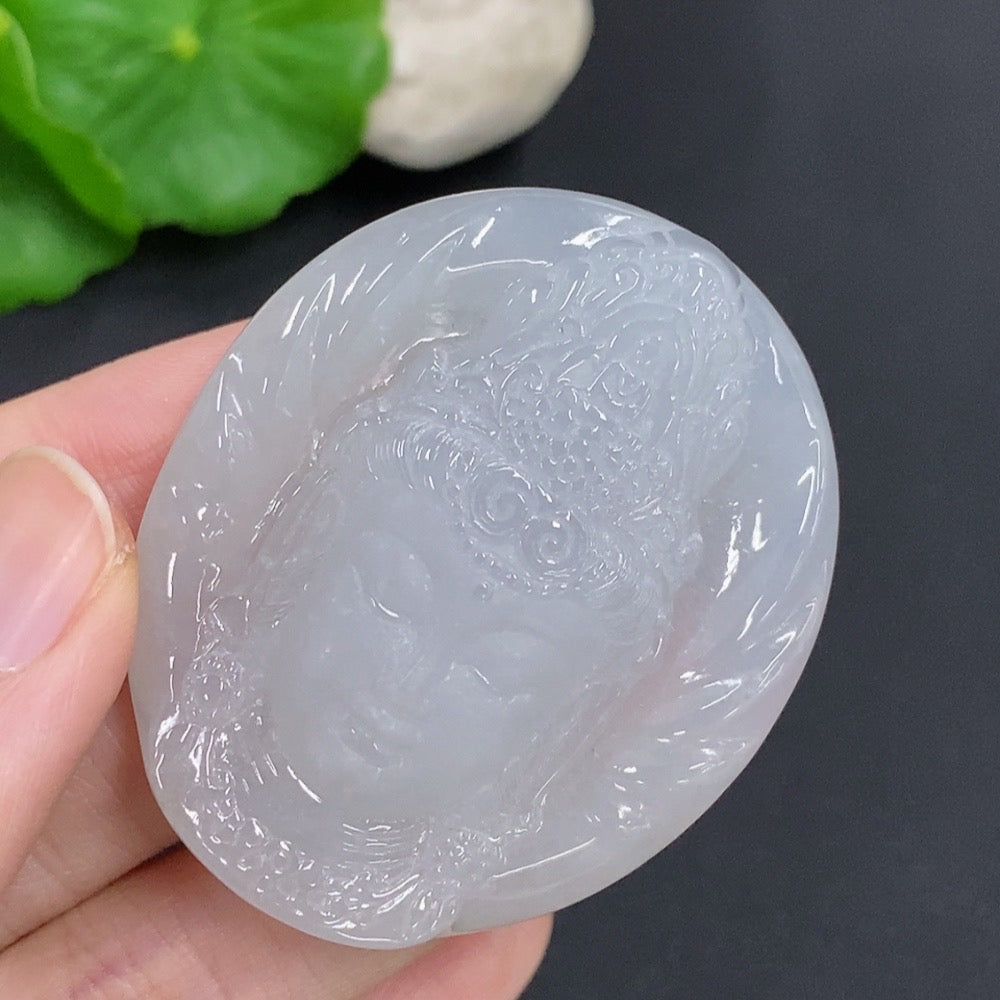 Jadeite Guanyin pendant necklace from HKHQ, detailed carved figure, weighing approximately 38g, featuring vibrant green jadeite.