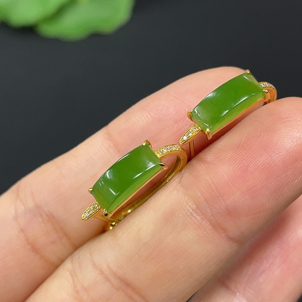 Hetian Jade Jasper Inlaid Earrings, 18K Gold, Accented with Diamonds