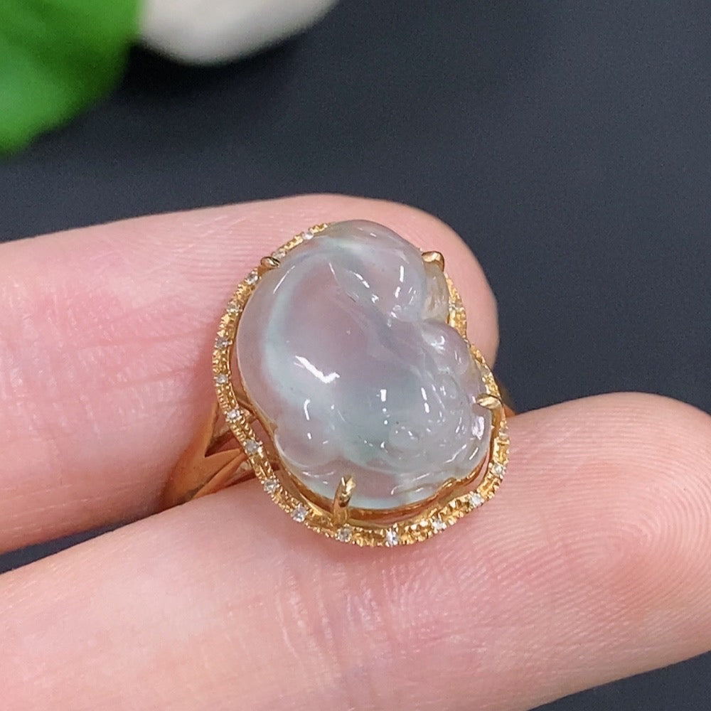 Jadeite Three-Legged Toad Ring in 18K Gold with Diamond Accents