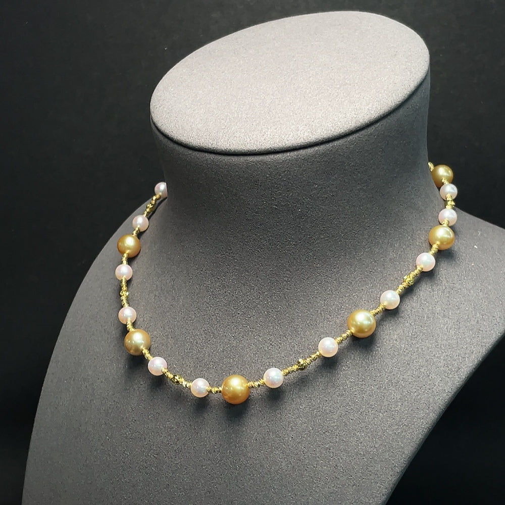 HKHQ seawater pearl necklace with undetermined color, 6.3-9.5mm pearls on a nearly invisible string, weighs approx. 23.42g.