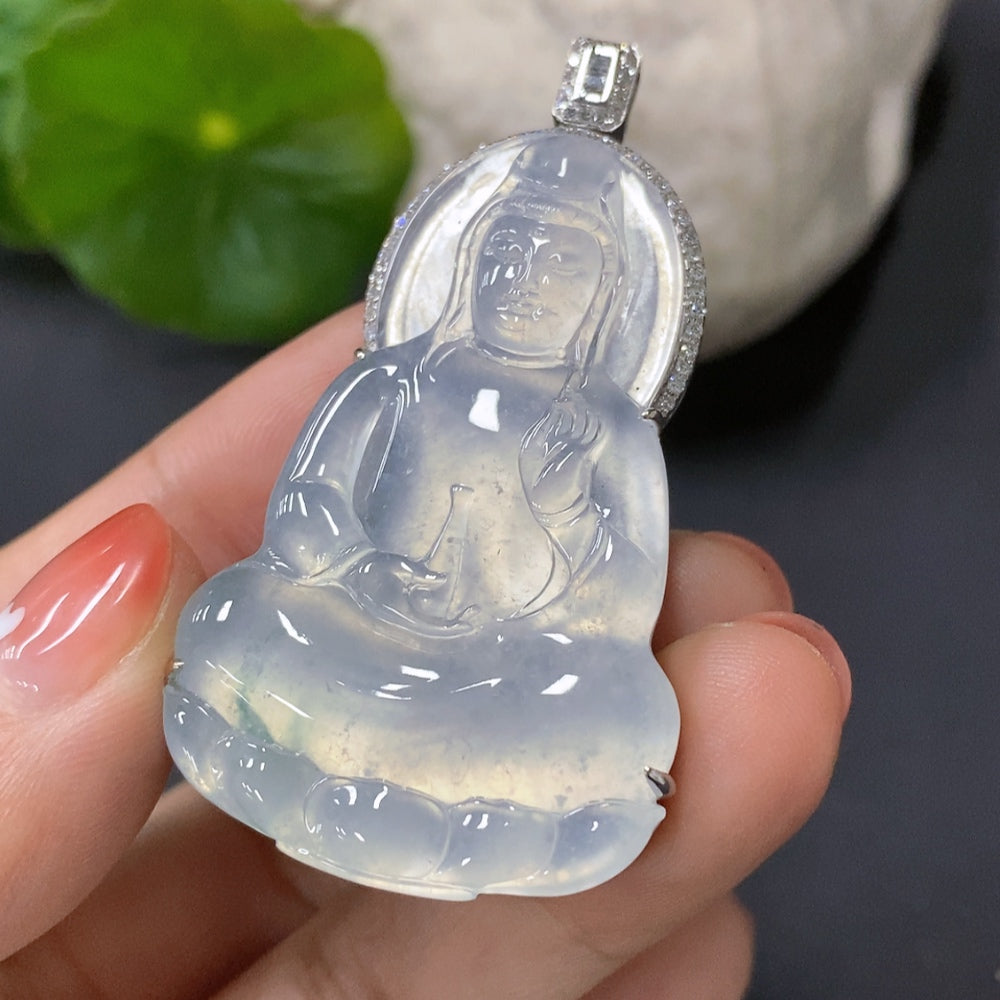 Jadeite Guanyin Inlaid Pendant 18K Gold Inlaid Total Weight Approx. 18.5g