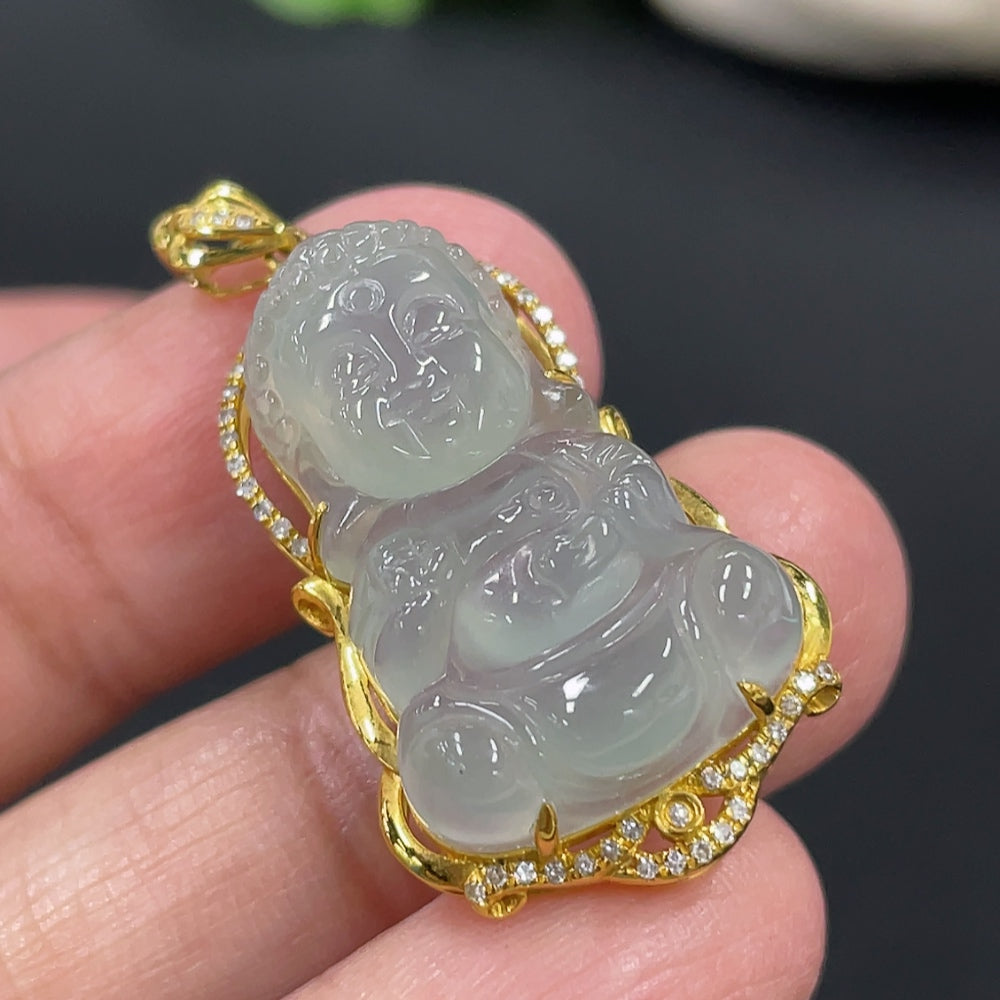 Jadeite Baby Buddha Pendant with 18K Gold and Diamond Accents