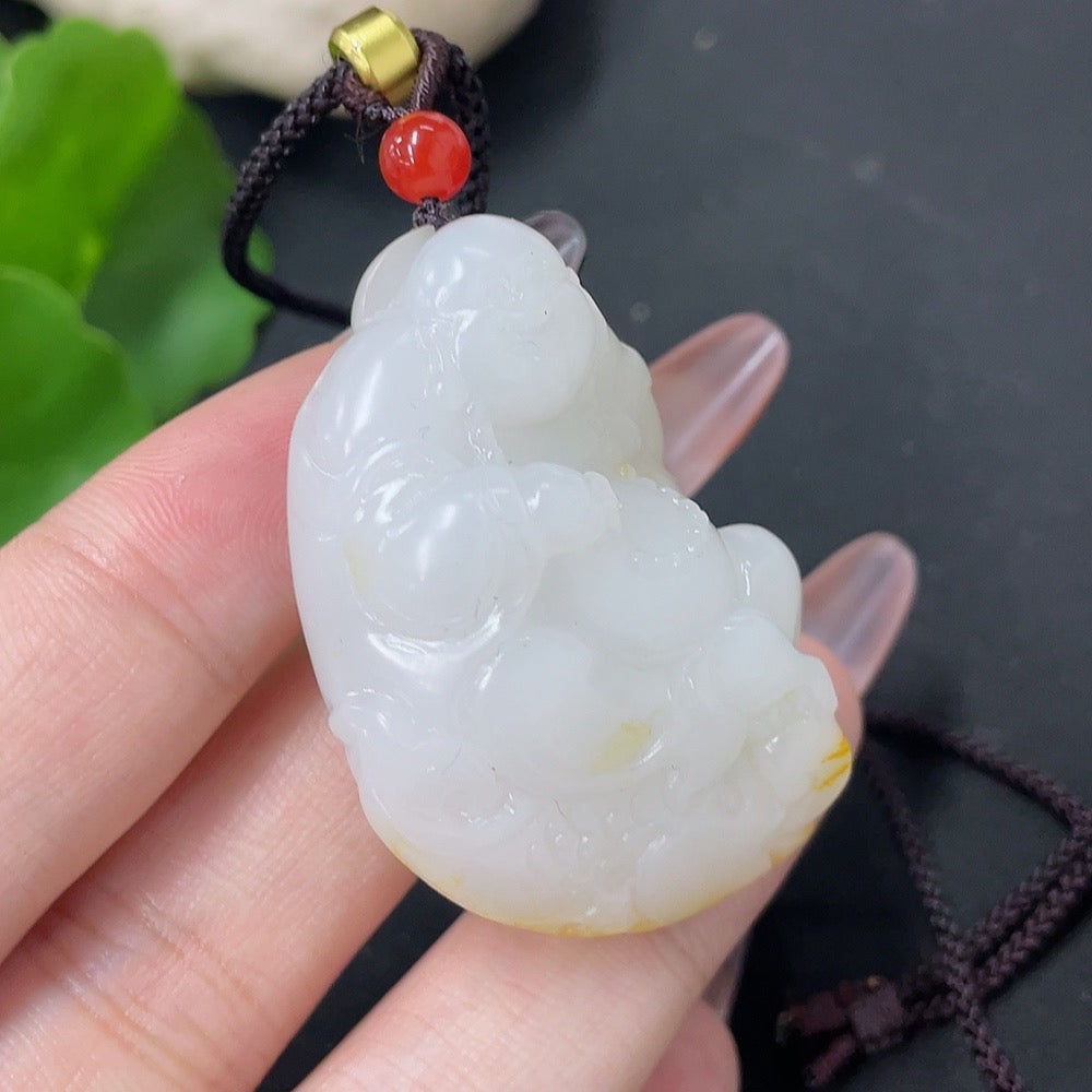 Hetian Jade Pendant - Buddha Statue, Undetermined Skin Color Origin, Contains Other Mineral Components, Beads Not Hetian Jade, Total Weight Approximately (Including Cord) 28.8g