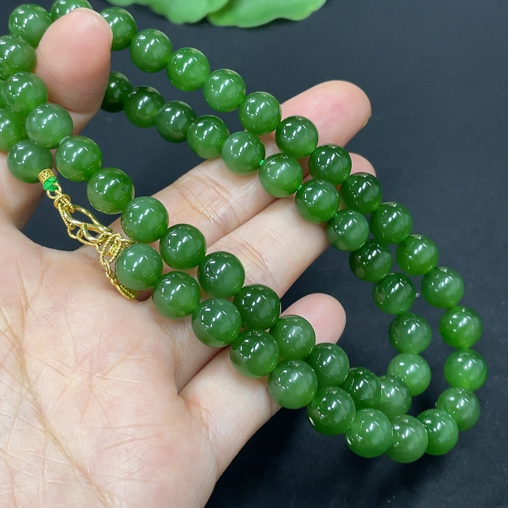 Hetian Jade Beaded Necklace, approx. 7.8mm, 18K Gold, total weight approx. 45.7g