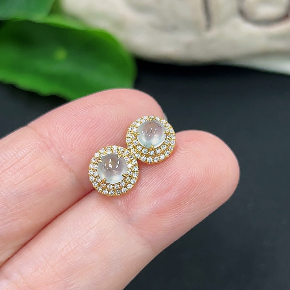 HKHQ jadeite earrings pair with diamond accents, 18K gold, lightweight 1.1g, elegant earrings with no imprint visible in the image.