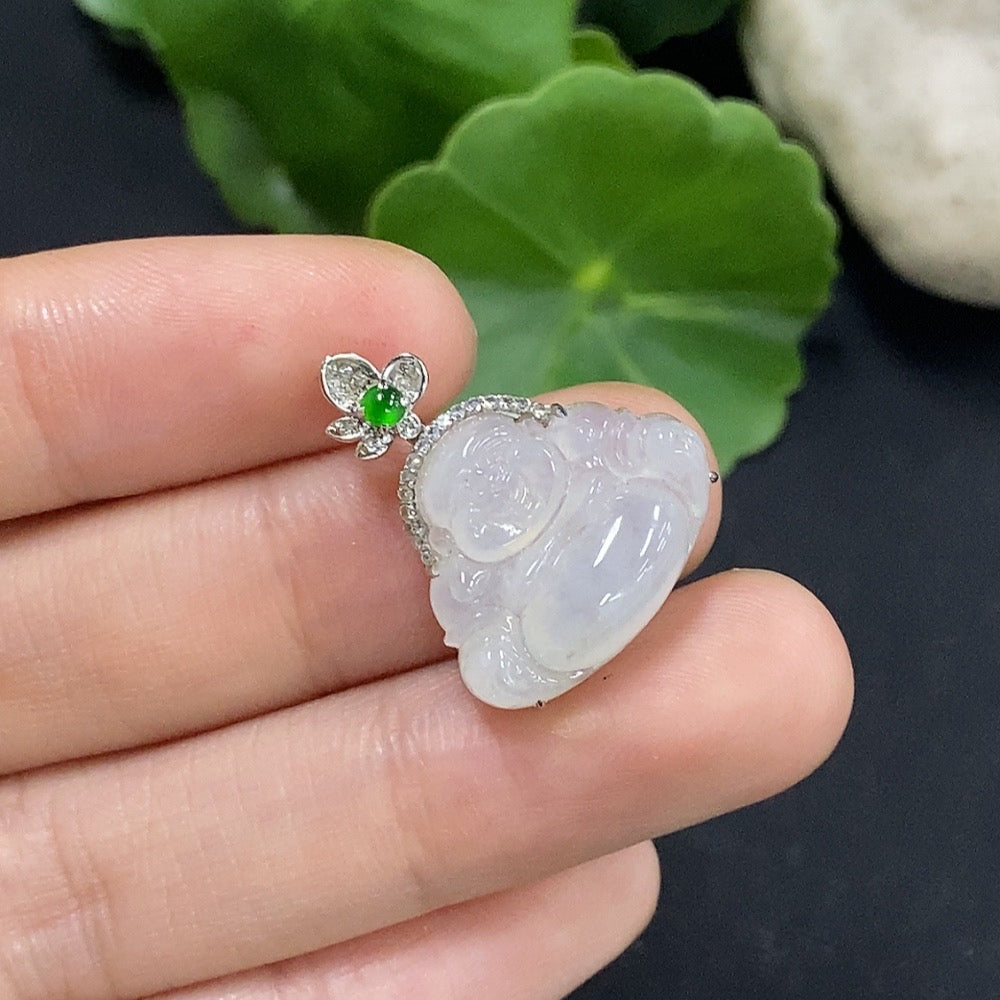 Jadeite Buddha Pendant Set in 18K Gold with Diamond Accents, Total Weight Approximately 3.08g